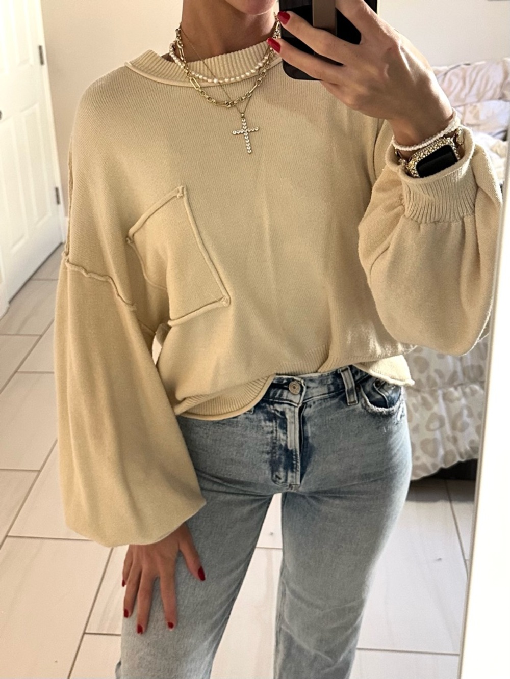 Cozy Balloon Sleeve Pullover Sweater - Cream Small